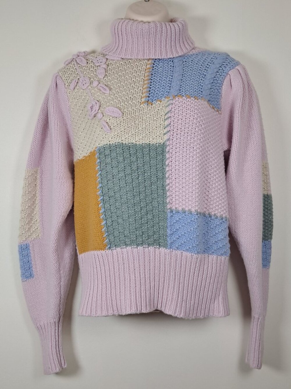 LoveShackFancy Allan Patchwork Knit Sweater Size M Turtleneck Rose Applique